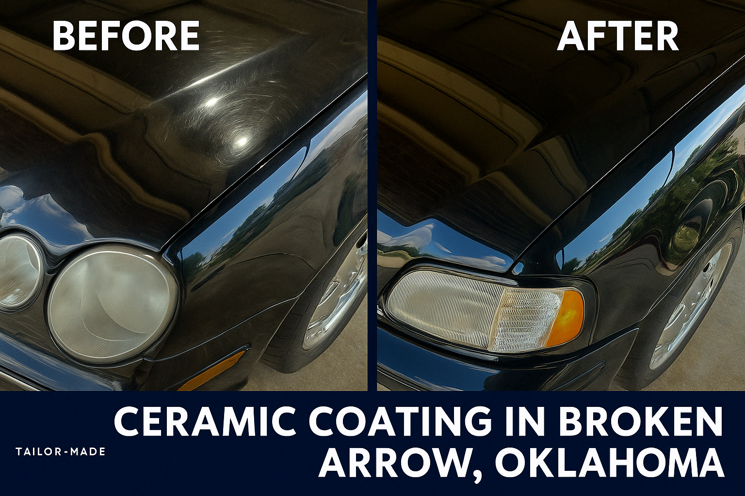 Close-up before and after ceramic coating on a metallic blue car hood, highlighting swirl removal and clear sky reflection after professional detailing.